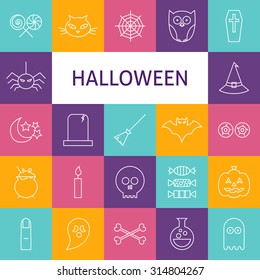 Vector Line Art Modern Halloween Holiday Icons Set. Vector Collection of 25 Scary Party Modern Line Icons for Web and Mobile. Sweets and Treats