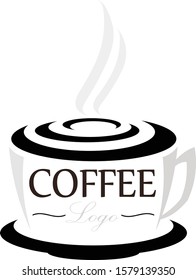 Vector Line Art Modern Illustration of Steaming Cup of Coffee Sitting on Dish Logo Template Easy to Edit