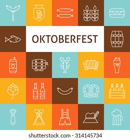 Vector Line Art Modern Oktoberfest Beer Holiday Icons Set. Alcohol Beer Icons Set over Colorful Tile. Vector Set of 25 Party Festival Modern Line Icons for Web and Mobile