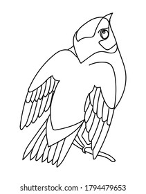 Vector line art monochrome song bird sitting on branch. Black contour illustration isolated on white background. Stock illustration for coloring book, design, print, t shirt, home decor. 