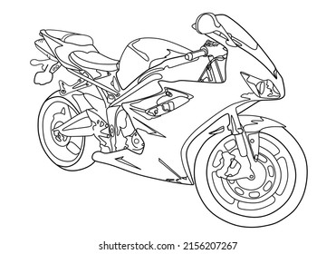 Vector line art motorcycle for concept design. Sport bike black contour outline sketch illustration isolated on white background. Stroke without fill. Cower drawing. Black-white icon.