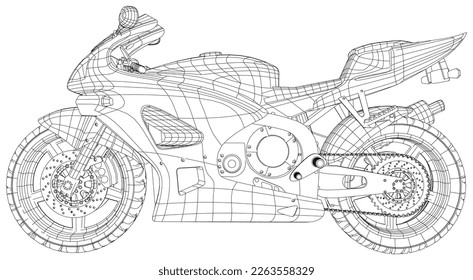Vector line art motorcycle concept design. Sport bike black contour outline sketch illustration isolated on white background. Stroke without fill. Cower drawing