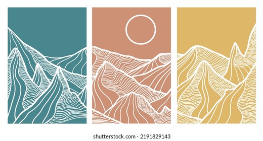 Vector line art of mountains. Color background. Vector illustration of minimal wireframe monotonous line wallpaper.