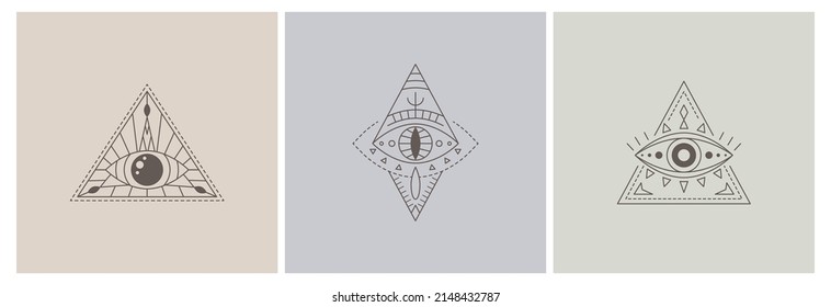Vector line art mystic eyes. Social media temlate with providence sight witchcraft symbol. Triangle evil eye amulet geometric ornament. Esoteric sign. Boho design. Sacred geometry, occultism, mystical