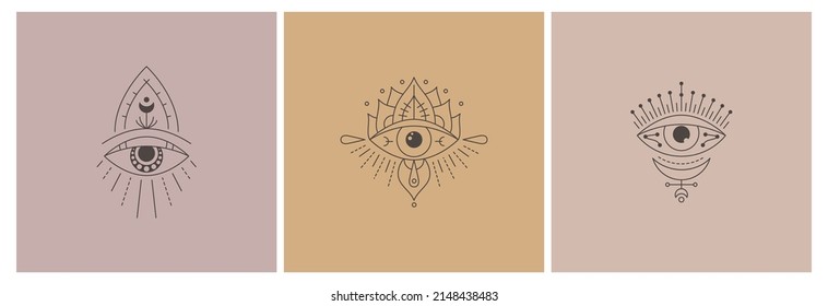 Vector line art mystic eyes. Social media temlate with triangle providence sight witchcraft symbol. Evil eye amulet geometric ornament. Esoteric sign. Boho design. Sacred geometry, occultism, mystical