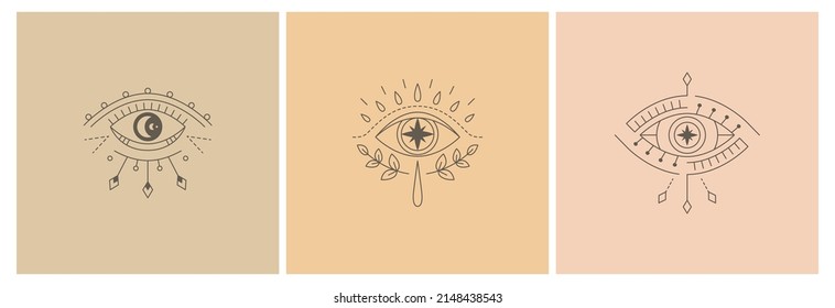 Vector line art mystic eyes. Social media temlate with providence sight witchcraft symbol. Evil eye amulet geometric ornament. Esoteric sign. Boho design. Sacred geometry, occultism, mystical.