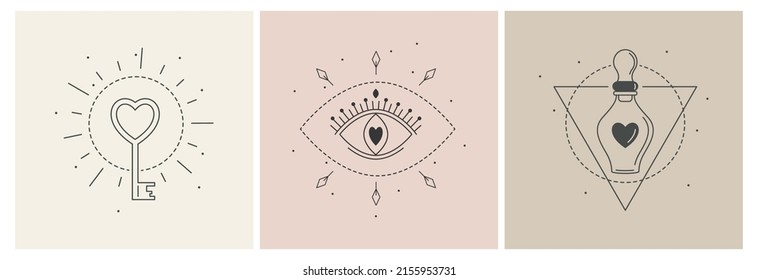 Vector line art mystic love signs. Social media temlate with magic love symbol. Linear geometric ornament. Boho design. Sacred geometry, occultism, mystical marketing