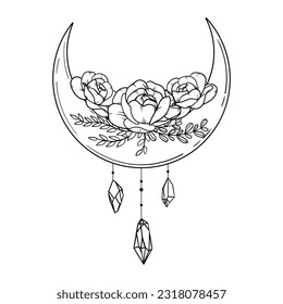 Vektorlinienkunst mystische zauberhafte Hexenkunstelemente. Esoterischer Halbmond, Kristall, Pony Rose, Sterne, Blätter, Line Art.