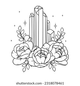 Vector line art mystical celestial magic witchcraft elements. Esoteric crystals, peony roses, stars, leaves, line art.