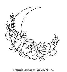 Vector line art mystical celestial magic witchcraft elements. Esoteric crescent moon, peony roses, leaves, stars, line art.