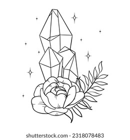 Arte de línea vectorial mística elementos de brujería mágica celestial mística. Cristales estotéricos, rosas peónicas, estrellas, hojas, arte de línea.