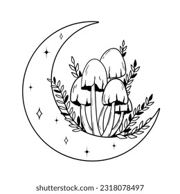 Vector line art mystical celestial magic witchcraft elements. Esoteric crescent moon, mushrooms, stars, leaves, line art.