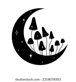 Vector line art mystical celestial magic witchcraft elements. Esoteric crescent moon, mushrooms, stars, line art.