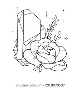 Vector line art mystical celestial magic witchcraft elements. Esoteric crystals, peony roses, stars, leaves, line art.