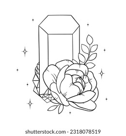 Vector line art mystical celestial magic witchcraft elements. Esoteric crystals, peony roses, stars, leaves, line art.