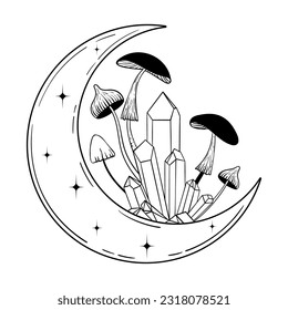 Vector line art mystical celestial magic witchcraft elements. Esoteric crescent moon, mushrooms,crystal, stars, leaves, line art.