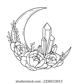 Vector line art mystical celestial magic witchcraft elements. Esoteric crescent moon, crystal, peony rose, stars, leaves, line art.