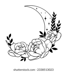 Vector line art mystical celestial magic witchcraft elements. Esoteric crescent moon, peony rose, leaves stars, line art.