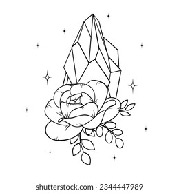 Vector line art mystical celestial magic witchcraft elements. Esoteric crystals, peony roses, stars, leaves, line art.