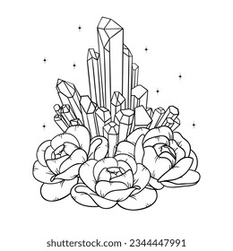 Vector line art mystical celestial magic witchcraft elements. Esoteric crystals, peony roses, stars, leaves, line art.
