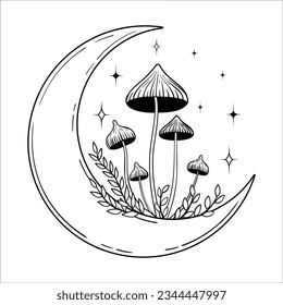 Vector line art mystical celestial magic witchcraft elements. Esoteric crescent moon, mushrooms, stars, leaves, line art.
