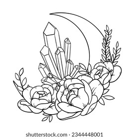 Vector line art mystical celestial magic witchcraft elements. Esoteric crescent moon, crystal, peony rose, stars, leaves, line art.