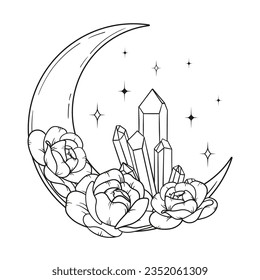 Vector line art mystical celestial magic witchcraft elements. Esoteric crescent moon, crystal, peony rose, stars, leaves, line art.