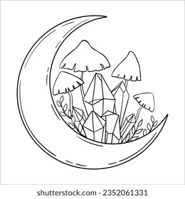 Vector line art mystical celestial magic witchcraft elements. Esoteric crescent moon, mushrooms,crystal, stars, leaves, line art.