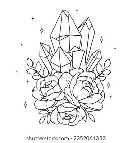 Vector line art mystical celestial magic witchcraft elements. Esoteric crystals, peony roses, stars, leaves, line art.