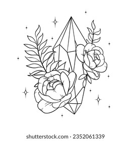Arte de línea vectorial mística elementos de brujería mágica celestial mística. Cristales estotéricos, rosas peónicas, estrellas, hojas, arte de línea.