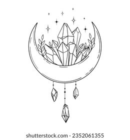 Vektorlinienkunst mystische zauberhafte Hexenkunstelemente. Esoterischer Halbmond, Kristalle, Sterne, Linienkunst.