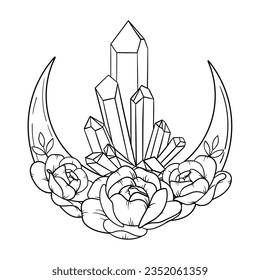 Vector line art mystical celestial magic witchcraft elements. Esoteric crescent moon, crystal, peony rose, stars, leaves, line art.
