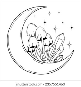 Vektorlinienkunst mystische zauberhafte Hexenkunstelemente. Esoterischer Halbmond, Pilze, Kristall, Sterne, Blätter, Linienkunst.
