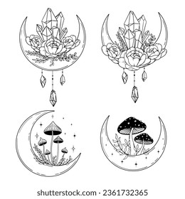 Vector line art mystical celestial magic witchcraft elements. Esoteric crescent moon, mushrooms, crystals, peone roses, stars, leaves, line art.