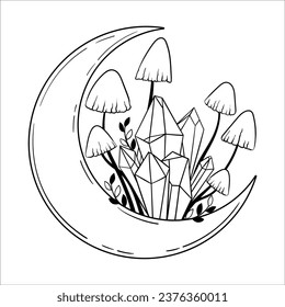 Vektorlinienkunst mystische zauberhafte Hexenkunstelemente. Esoterischer Halbmond, Pilze, Kristall, Sterne, Blätter, Linienkunst.