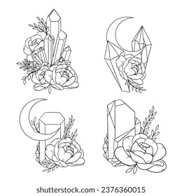 Vector line art mystical celestial magic witchcraft elements. Esoteric crescent moon, crystals, peone roses, stars, leaves, line art.