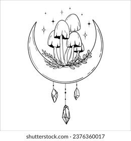 Vektorlinienkunst mystische zauberhafte Hexenkunstelemente. Esoterischer Halbmond, Pilze, Kristall, Sterne, Blätter, Linienkunst.