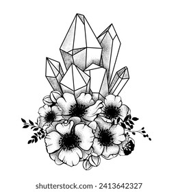 Vektorlinienkunst mystische zauberhafte Hexenkunstelemente. Esoterische Kristalle, Blumen, Sterne, Blätter.