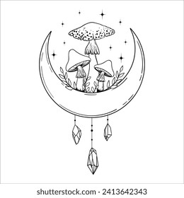 Vektorlinienkunst mystische zauberhafte Hexenkunstelemente. Esoterischer Halbmond, Pilze, Kristall, Sterne, Blätter, Linienkunst.