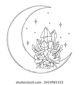 Vector line art mystical celestial magic witchcraft elements. Esoteric crescent moon, crystal, peony rose, stars, leaves, line art.