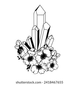 Arte de línea vectorial mística elementos de brujería mágica celestial mística. Cristales estotéricos, flores, estrellas, hojas.