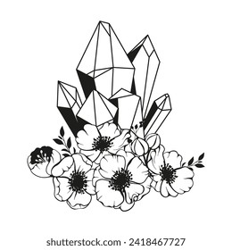 Vector line art mystical celestial magic witchcraft elements. Esoteric crystals, flowers, stars, leaves.