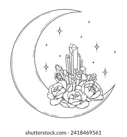 Vektorlinienkunst mystische zauberhafte Hexenkunstelemente. Esoterischer Halbmond, Kristall, Pony Rose, Sterne, Blätter, Line Art.