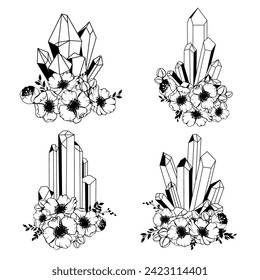 Vector line art mystical celestial magic witchcraft elements. Esoteric crystals, flowers, stars, leaves.