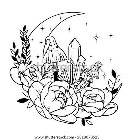 Vector line art mystical celestial magic witchcraft elements. Esoteric crescent moon, mushrooms, crystals, peone roses, stars, leaves, line art.