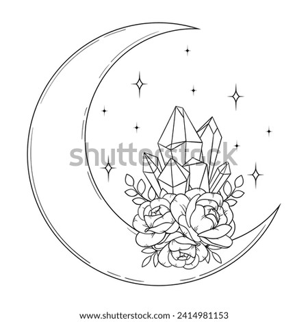 Vector line art mystical celestial magic witchcraft elements. Esoteric crescent moon, crystal, peony rose, stars, leaves, line art.
