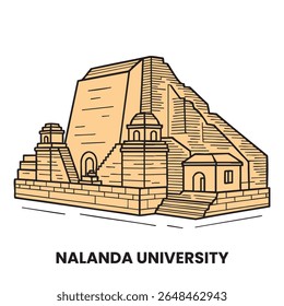 Vector line art of Nalanda University ruins in Bihar, India. This minimalist illustration showcases the iconic ancient structure and monastic remains of one of the world's oldest learning institutions