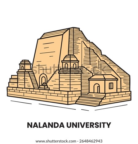 Vector line art of Nalanda University ruins in Bihar, India. This minimalist illustration showcases the iconic ancient structure and monastic remains of one of the world's oldest learning institutions