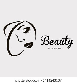Vector line art natural leaf beauty woman face logo design