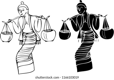 the vector line art of old woman